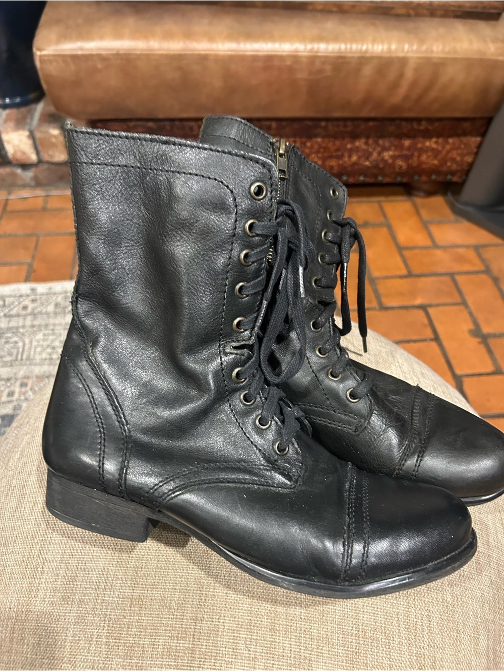 Steve Madden Black Lace-Up Leather Combat Ankle Boots